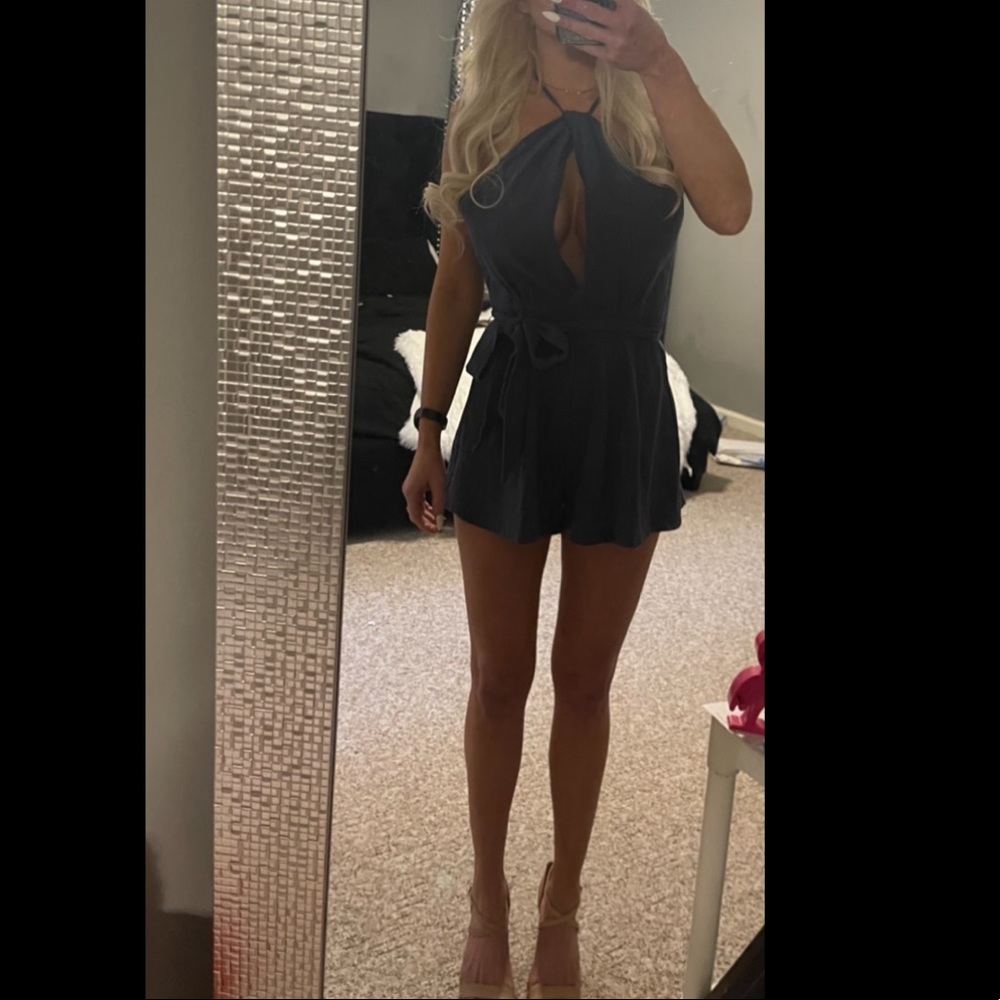 Blue keyhole romper with tie